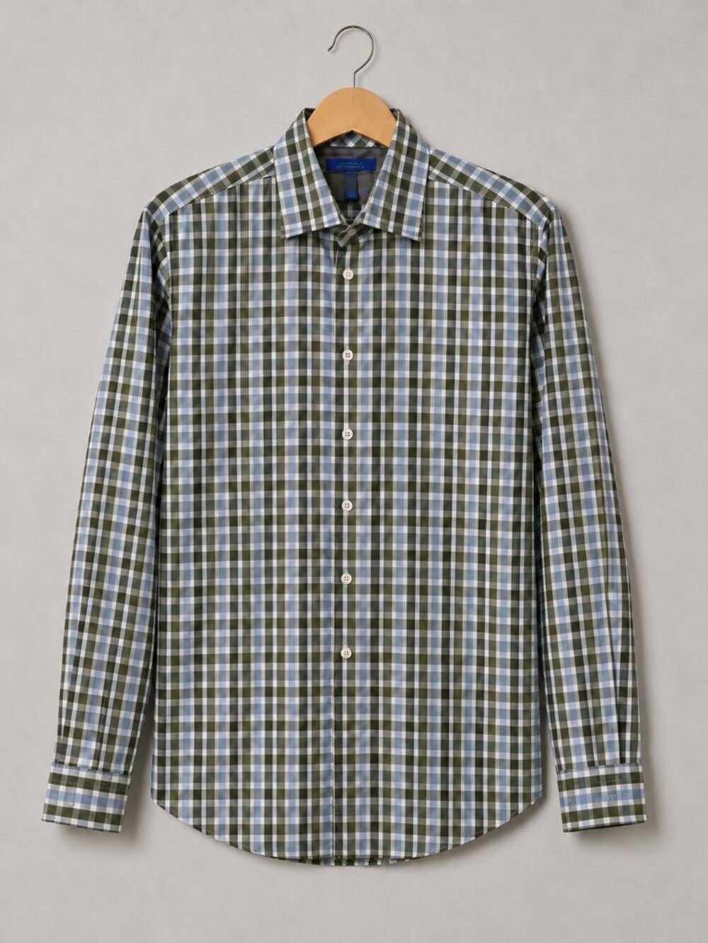 Plaid Cotton Men`s L Non-Iron Slim Fit Dress Shirt Blue Green Preppy Casual